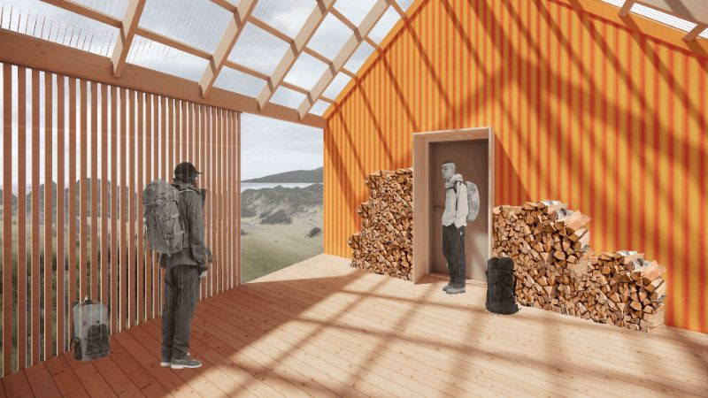 hot & cold by Hudson Ross: a sunlit timber-framed space with orange cladding, stacked firewood and views to the landscape