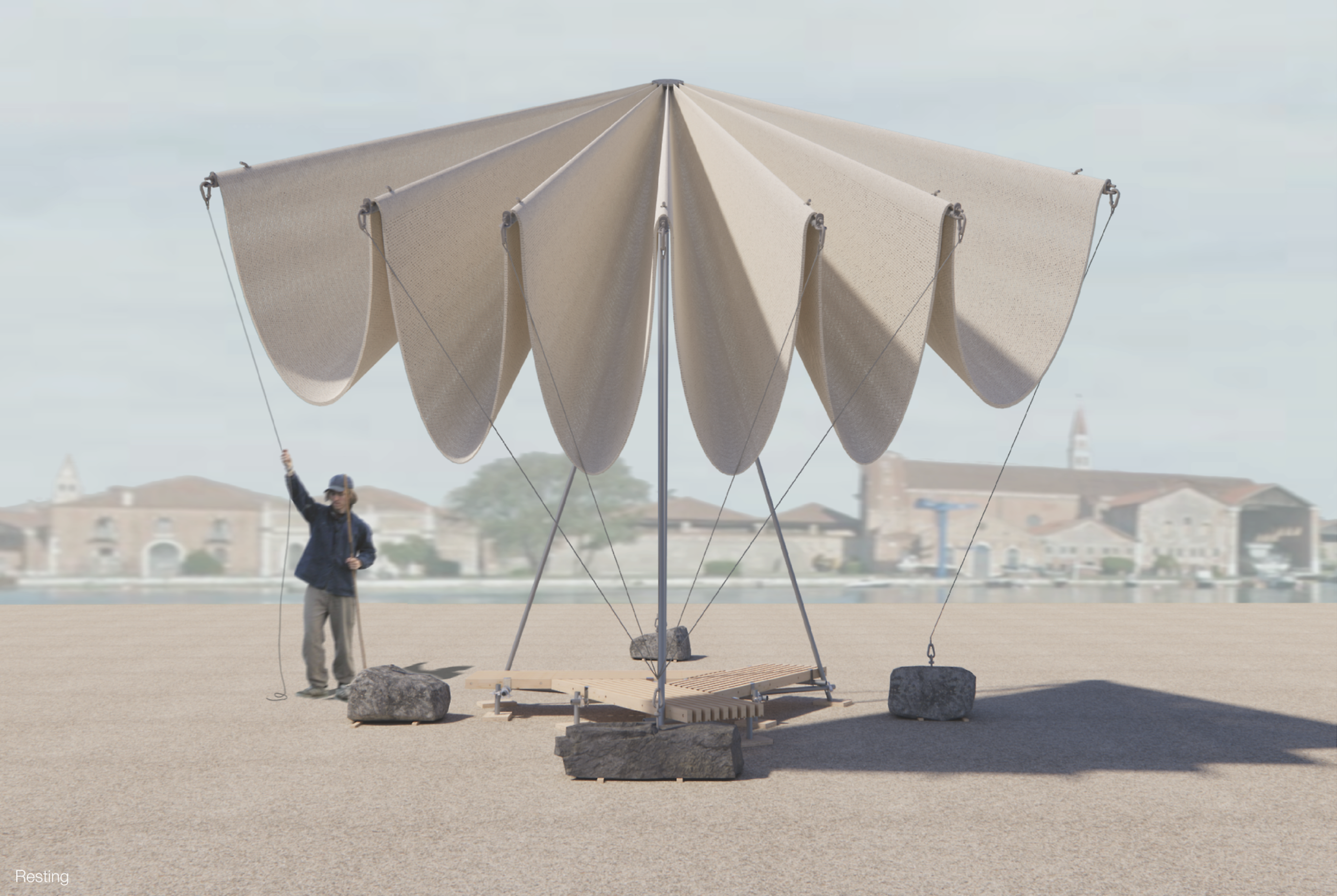 Student spatial design proposal showing a tensile fabric pavilion beside the water