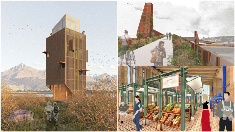 Three Otago Polytechnic student architecture proposals, including a wetland tower, planted bridge and community market