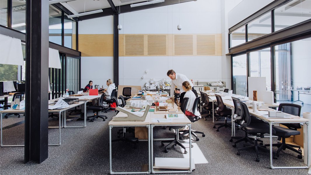 Architecture students working with models in the Otago Polytechnic studio